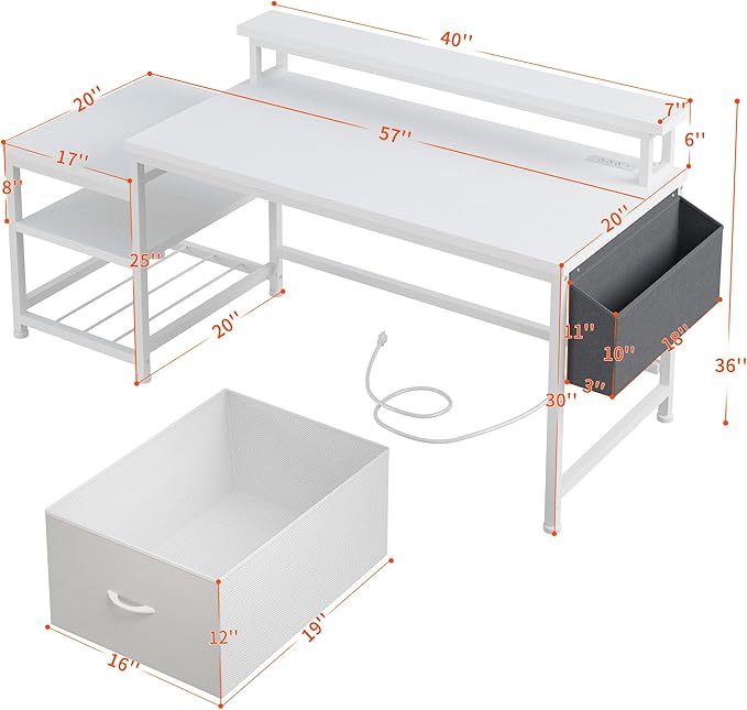 EnHomee 56.5" Office Desk with Drawers and Printer Space,Computer Desk with Power Outlets,Home Office Desks with File Drawers Cabinet,Study Writing and Gaming Desk with Shelves Monitor Stand,White