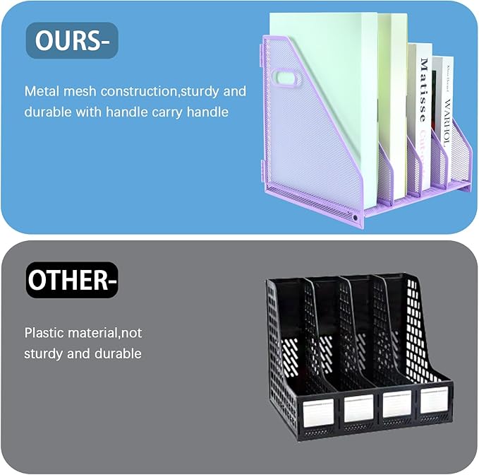 Desk Organizers Metal Magazine File Holder Racks Desktop Folder Storage Binder Organiser Document Organization for Home Office & Classroom,4 Vertical Compartments-Purple