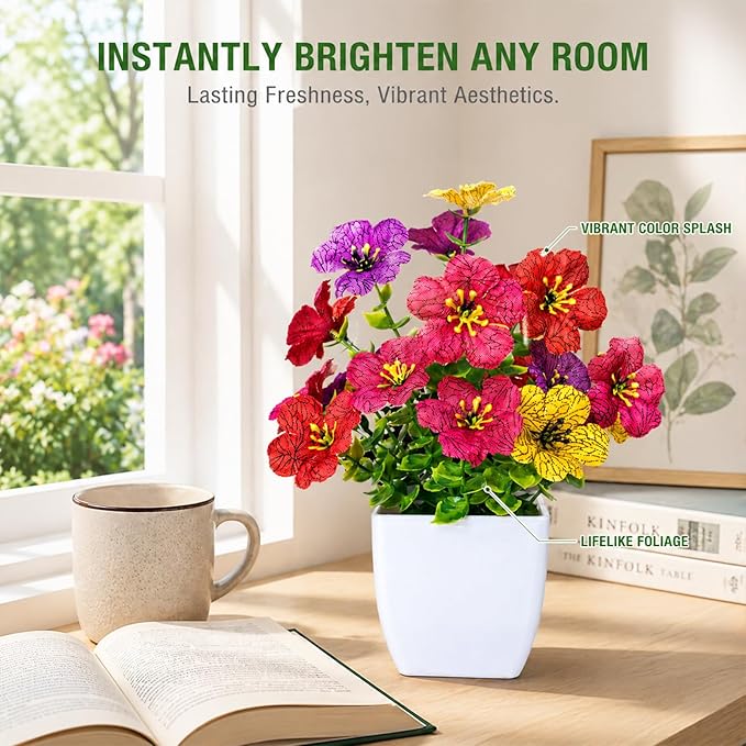 Artificial Flowers in Pots, Small Plant Decor, Fake Potted Flowers Indoor, Mini Artificial Plants & Fake Flowers with Pot for Home Office Kitchen