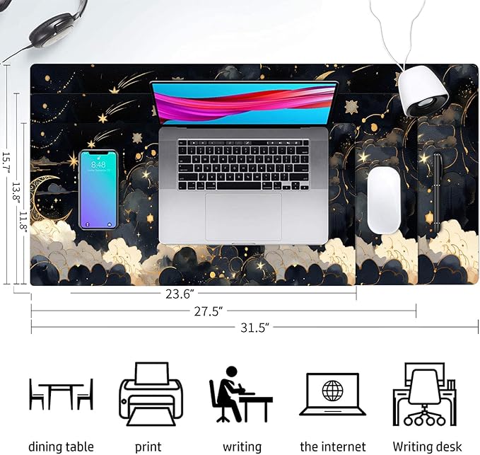 Cute Desk Mat, Black Gold Cloud Moon Large Mouse Pad for Desktop, PU Leather Waterproof Desk Pad, Anti-Slip Computer PC Laptop Protector Gaming Mouse Pads for Office Home Decorations