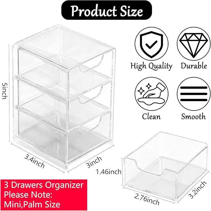 Small Desk Organizer with Drawer, 3-Layer Clear Desktop Organization Mini Storage Box with Drawers for Desk, Office Supplies, Jewelry Storage Box, Pack of 1