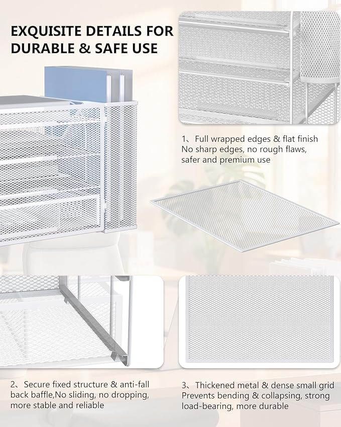 WALI Desk File Organizer, 4 Tier Desktop Paper Letter Tray Organizer with Drawer and 2 Pen Holders, Office Desk Accessories & Workspace Organizers for Office, Home Supplies(DO005DH-W), 1 Pack, White