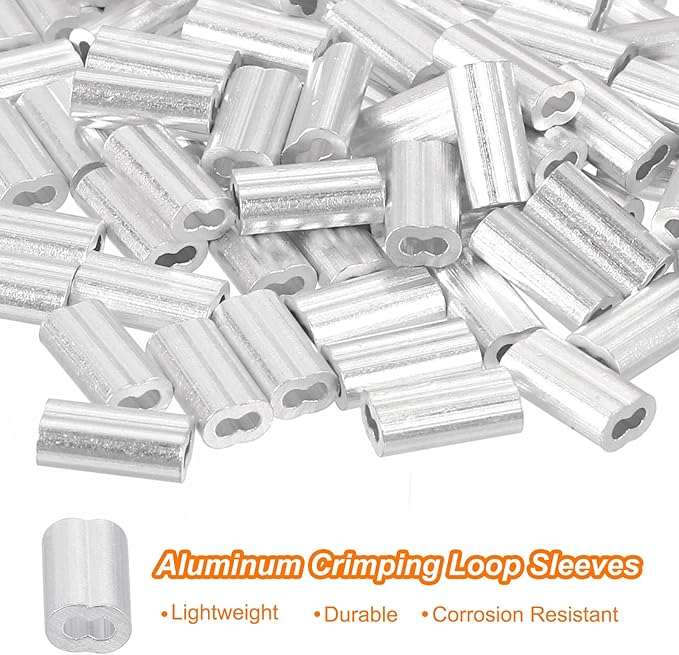 uxcell 100Pcs Aluminum Crimping Loop Sleeve for 1/32" Diameter Wire Rope, Double Ferrule Aluminum Wire Rope Sleeve for Cable Line End