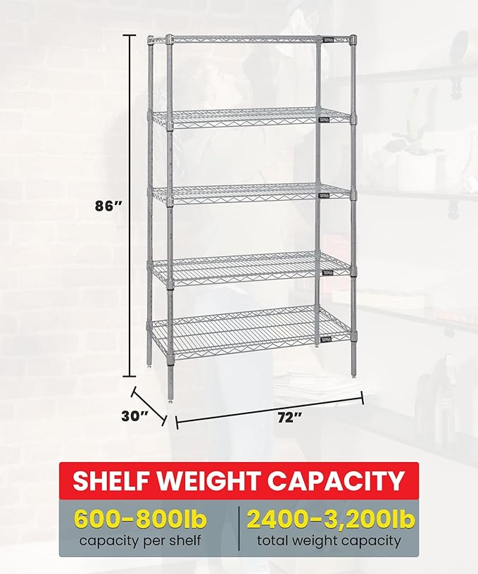 Quantum Storage Systems WR86-3072S-5 Starter Kit Wire Shelves Stainless Steel 5 Shelves 86" H x 72" W x 30" D