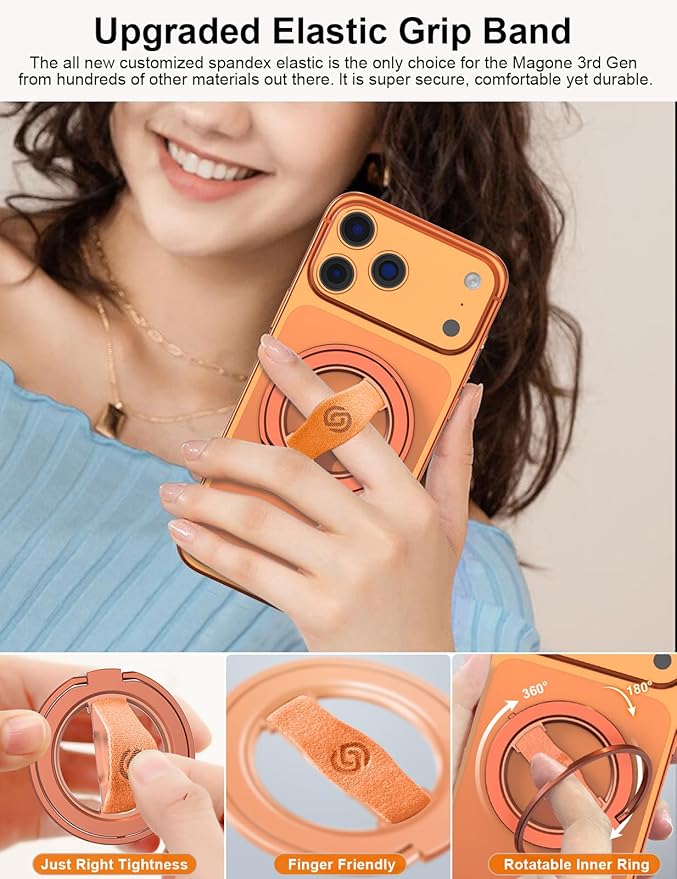 EWA MagOne 3rd Gen [Compatible with MagSafe] Phone Grip Stand with Finger Strap, Removable Magnetic Ring Holder Kickstand Loop for iPhone 17,16,15,14,13,12 Series (Cosmic Orange)
