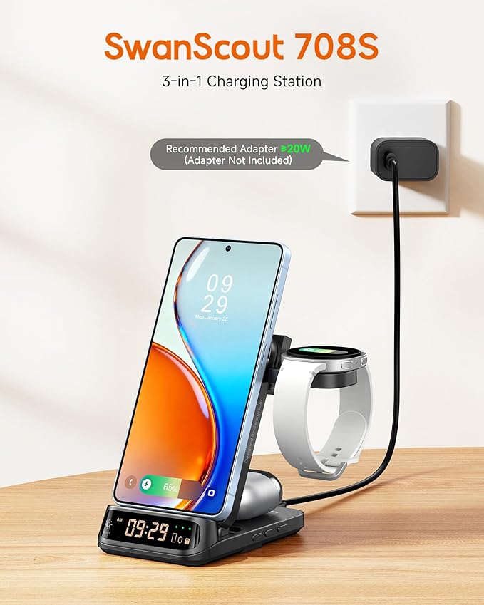 SwanScout 3-in-1 Wireless Charging Station for Samsung S26 Ultra/S26/S25/S24/S23/Z Flip7, Foldable Wireless Charger for Galaxy Watch 8 Classic/8/Ultra/7/FE/6/5, SwanScout 708S (No Adapter)