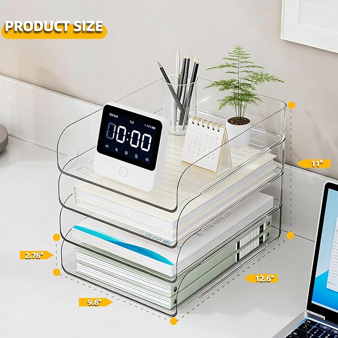 HIYOHIYO 4-Tier Clear A4 Paper Organizer for Office Desk, Stackable Desktop Letter Papers Tray, Acrylic Desk Paper Holder, Large Capacity File Folder Organizer, Vertical Style