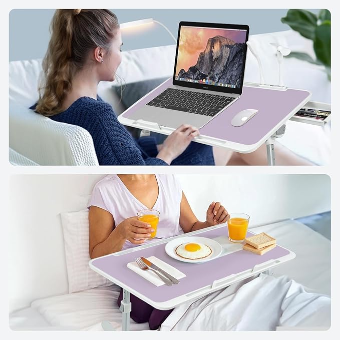 iXTRA Laptop Lap Desk Include Cooling Fan,Adjustable Lap Desk with Light Fan,Folding Laptop Desk for Bed with USB,Bed Desk with Storage Drawer 60x40cm,Purple