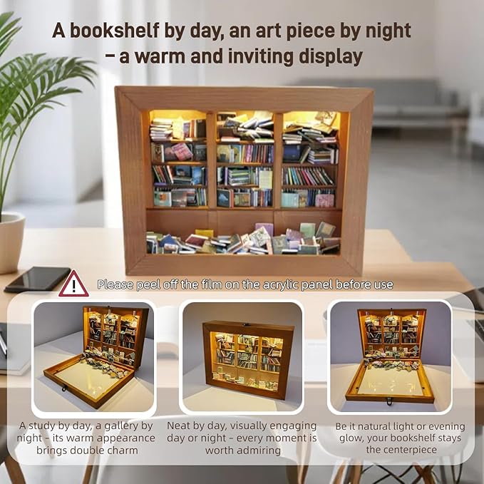 Anxiety Bookshelf with 6 Decorative Mini Lights and 400 Mini Book Pieces, Miniature Bookshelf, Book Organizer for Office Desk, Library Decor for Tiny Home and Bookish Spaces, 10.2 x 9.1 x 3.1 in