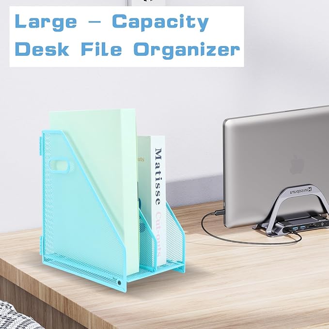 Desk Organizers Metal Magazine File Holder Racks Desktop Folder Storage Binder Organiser Document Organization for Home Office & Classroom,2 Vertical Compartments-Blue