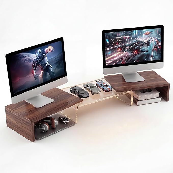 Dual Monitor Riser, Acrylic Monitor Riser, Adjustable Angle & Length Computer Monitor Stand, Wide Desk Shelf for Top of Desk for Home Office_Walnut Look Small