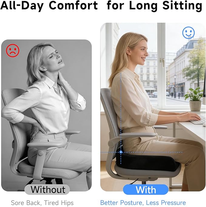Memory Foam Seat Cushion with Center Cutout, Donut-Style Chair Cushion for Office Chair, Desk Chair and Long Sitting, Coccyx and Tailbone Comfort, Non-Slip Bottom, Removable Washable Cover, Black