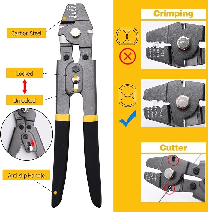 656ft Wire Rope Crimping Tool Kit, 1/16" Stainless Steel Wire Rope Cable with Aluminum Crimping Sleeves and Stainless Steel Thimbles for Railing, Decking, Picture Hanging
