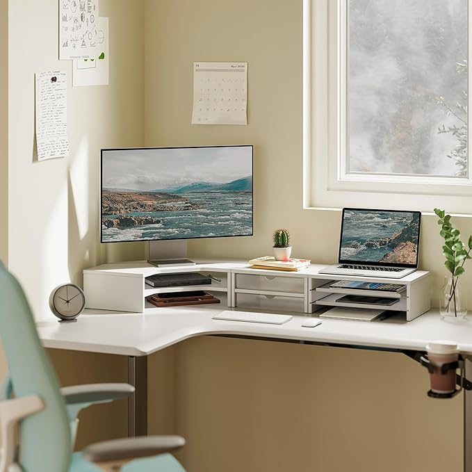 Fenge L Shape Monitor Stand Riser, Corner Triangle Computer Monitor Shelf with Drawers and Slide-out Trays, Wooden Desk Shelf Organizer for Laptop Computer Printer Home Office Desk, Holds up to 132lbs, White