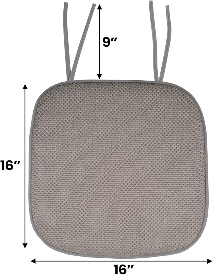 Sweet Home Collection Chair Cushion Memory Foam Pads with Ties Honeycomb Pattern Slip Non Skid Rubber Back Rounded Square 16" x 16" Seat Cover, 2 Pack, Silver