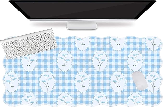 L-SPOUTTO Blue Mouse Pad,Checkered Floral Desk Mat XXL Large Scalloped Cottagecore Gaming Mousepad,35.4x15.7in Non-Slip Rustic Keyboard Pad Desktop Mat for Laptop Computer Game Home Office
