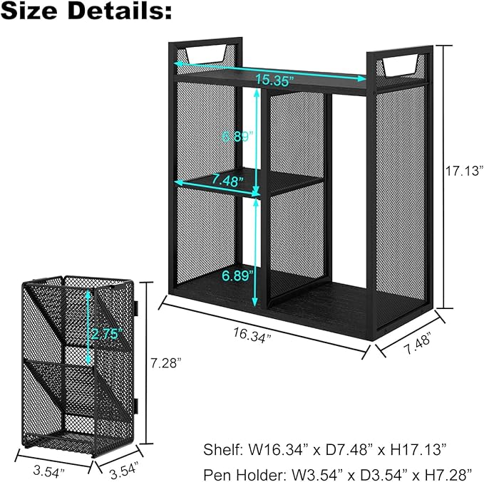 PAG Desktop Shelf Freestanding Bookshelf with Pencil Holder, Office Supplies Organizers and Accessories Storage Display Rack, Black