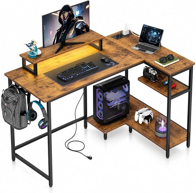 DEVAISE 47 Inch L Shaped Gaming Desk with LED Lights & Power Outlets, Corner Desk for Small Spaces, Sturdy PC Computer Table with Storage for Home Office, Rustic Brown