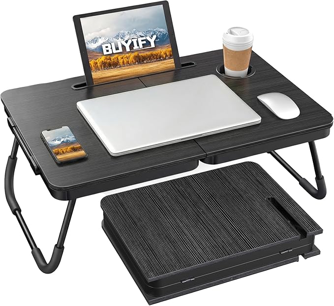 BUYIFY Foldable Laptop Bed Desk for Couch, Sofa - Large Lap Desk Tray Table with Cup Holder and Tablet Slot - Portable Notebook Stand for Eating, Writing, Studying and WFH -NEW-006