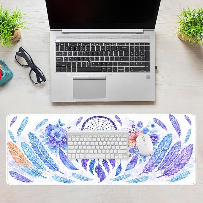 Boho Dreamcatcher Mouse Pad, Watercolor Purple Feather Floral Gaming Desk Mat Waterproof Stitched Edges Rubber Base Non-Slip Deskmap Computer Keyboard Mat, 31.5x11.8in Desk Home Office Gaming