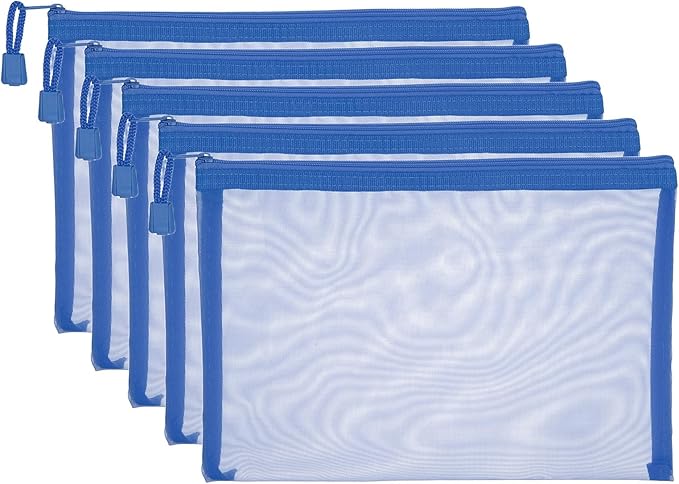 PATIKIL A5 Mesh Zipper Pouch Bags, 5 PCS Mesh Bags with Zipper Plastic Storage Pocket for Organizing File Beads Office Home Supplies, 18x25cm, Blue