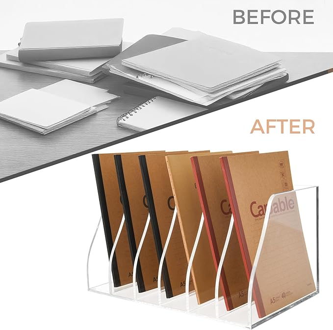Lovemolly Acrylic Magazine File Holder – 6-Slot Clear Desk Organizer, Vertical Document Sorter for Office, Home & Classroom, No-Assembly Tabletop Rack for Folders, Books & Tablets, 7.09x12.01x6.3 in