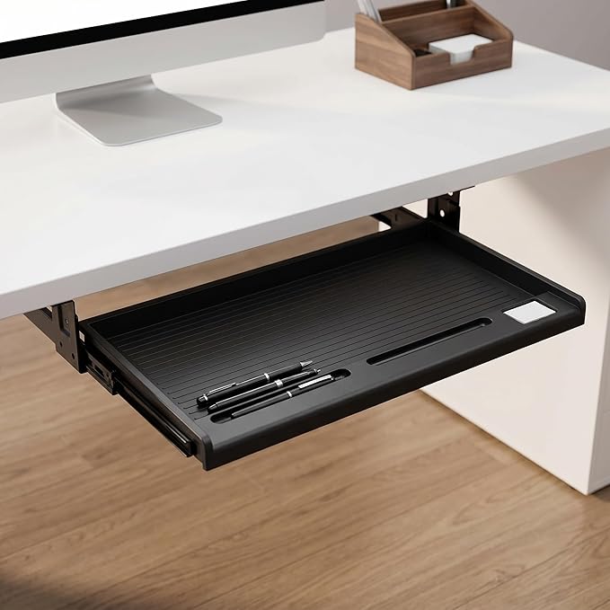 jojofuny Under Desk Keyboard Tray with Pen Organizer, Screw-Mounted Slide-Out Organizer Drawer, Space-Saving Under Desk Shelf for Mouse, Pens & Office Supplies