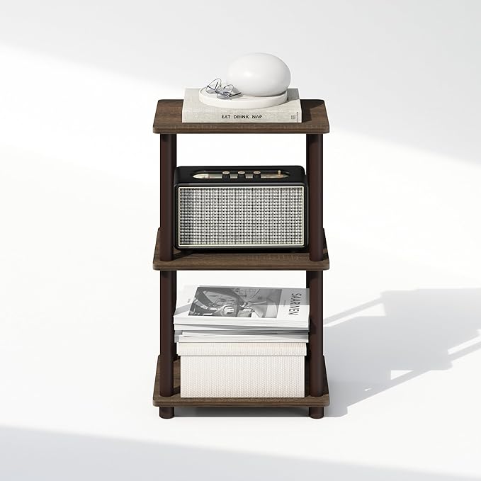 Furinno Turn-N-Tube Side Table, 2-Tier End Table with Open Shelf, Easy Assembly Night Stand, Bedside Table with Round Poles, for Living Room, Bedroom, Walnut