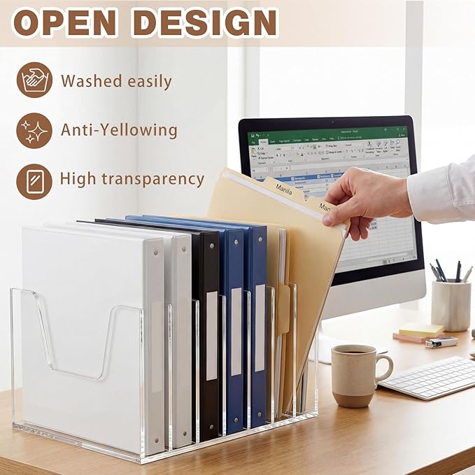 Wenqik Clear Acrylic Desktop File Organizer Vertical File Sorter 4mm Thick, Large Capacity Upright Magazine Organizer, Book Paper, Notebooks, Envelopes, Mail Holder(1 Pack,7 Section)