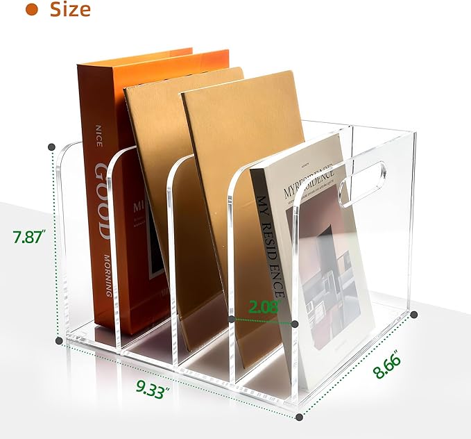 4 Vertical Compartments Clear Acrylic Magazine & File Holder – Multipurpose Desk Organizer for Office, Tablets, Magazines, Books – Documents/Home/Classroom Rack