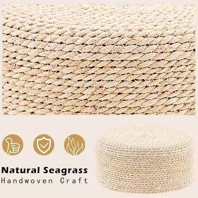 Wimarsbon Round Foot Stool Natural Seagrass Poufs Ottoman Hand Weave Footrest Stool for Couch Desk Extra Seat Step Stool with Solid Wood Legs for Hallway Patio Lounge Natural