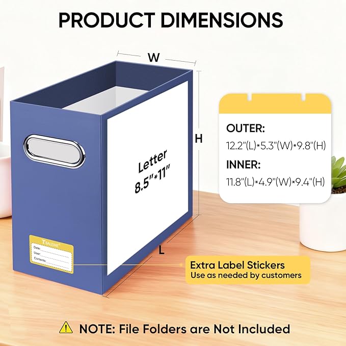 BALEINE File Organizer Box, Cardboard File Folder Organizer with Handle for Letter Size, Portable Collapsible Hanging Filing Box for Home Office Document Storage (1 Pack, Navy)