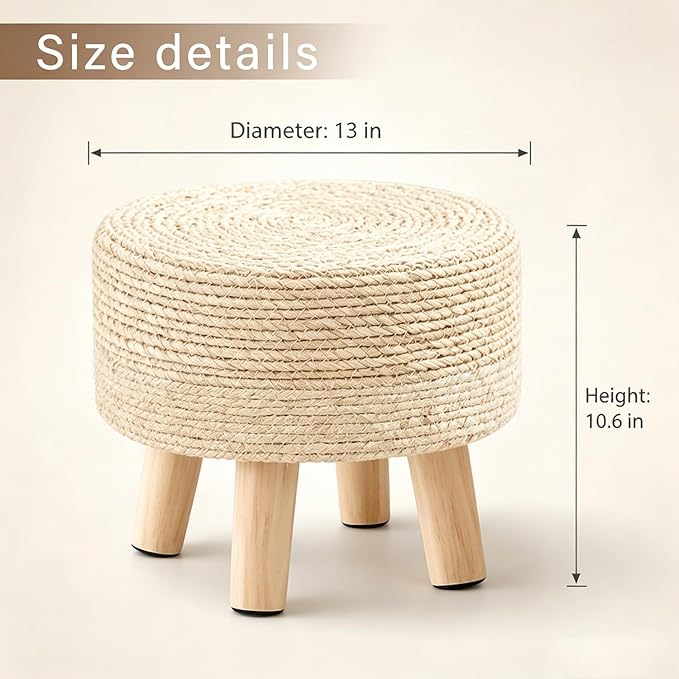 Wimarsbon Round Foot Stool Natural Seagrass Poufs Ottoman Hand Weave Footrest Stool for Couch Desk Extra Seat Step Stool with Solid Wood Legs for Hallway Patio Lounge Natural