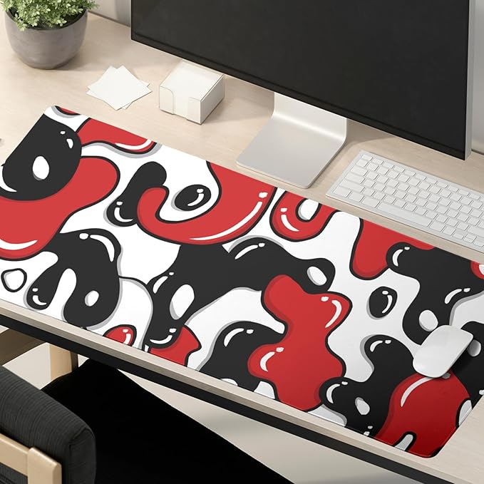 Red Black White Gaming Mouse Pad Geometric Japanese Extended XXL Mouse Pad 35.4X15.7in Full Desk Mousepad Gaming with Stitched Edges and Non-Slip Base Keyboard Pad for Worker Gamer Desktop Laptop