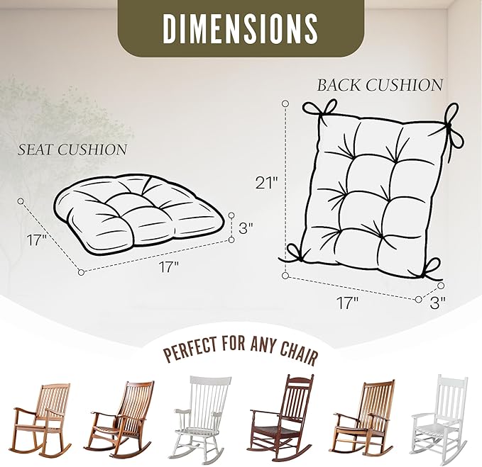 Klear Vu The Gripper Non-Slip Rocking Chair Cushion Set with Thick Padding, Includes Seat Pad & Back Pillow with Ties for Indoor Living Room Rocker, 17x17 Inches, 2 Piece Set, Jade