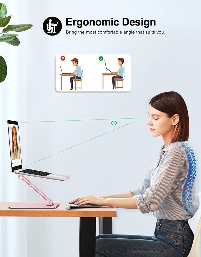RIWUCT Foldable Aluminum Alloy Laptop Stand for Desk, Height Adjustable Ergonomic Computer Stand, Portable Laptop Riser Holder Notebook Mount Compatible with MacBook Pro Air/HP/Dell 10-16", Pink