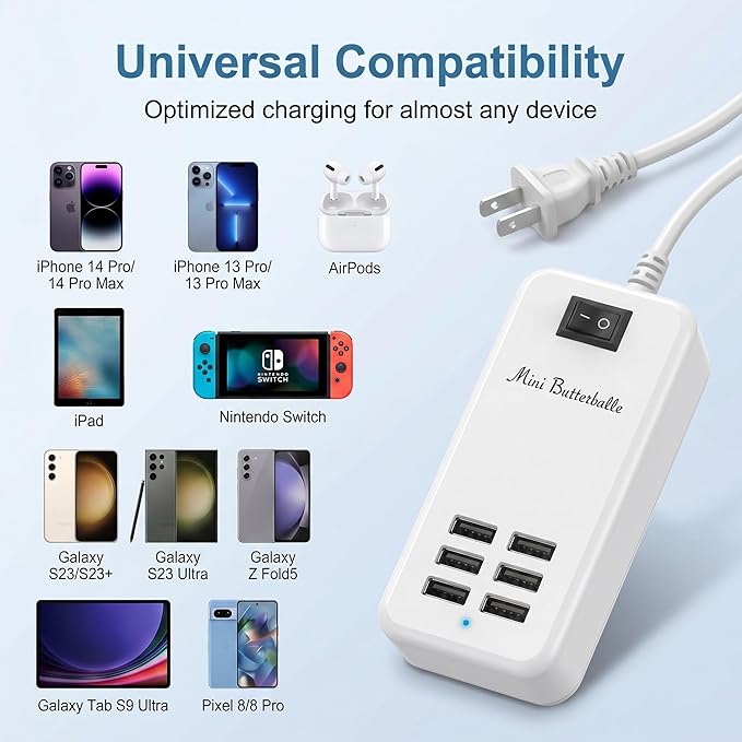 6 Ports USB Charger Hub Desktop US Plug AC Power Wall Travel Charging Adapter Slots Charging Station Extension Socket Outlet with Cable