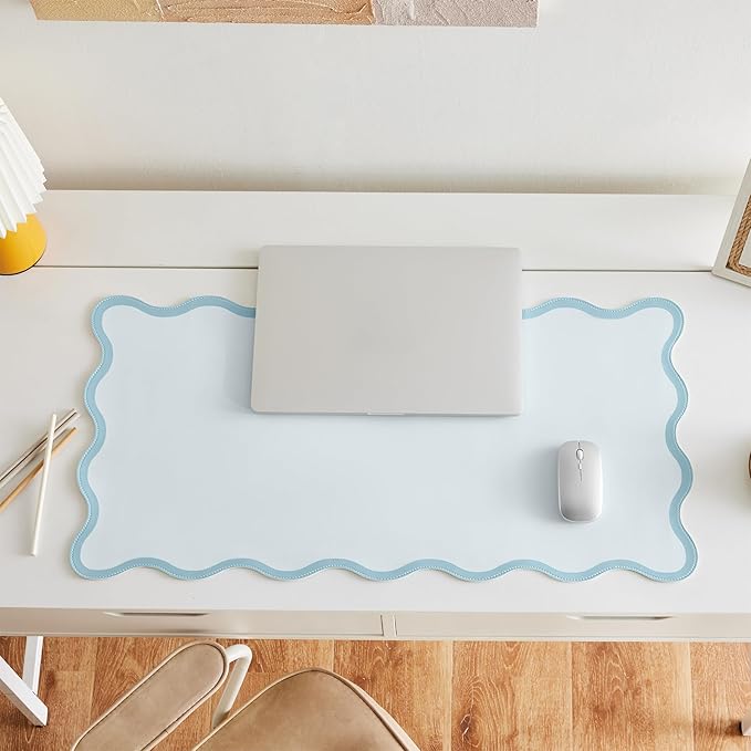 Scalloped Desk Mat, 31.5" x 15.7", PU Leather, Waterproof Anti-Slip, Cute Aesthetic Desk Pad for Office/Home/Game/Vanity (Blue, Large)