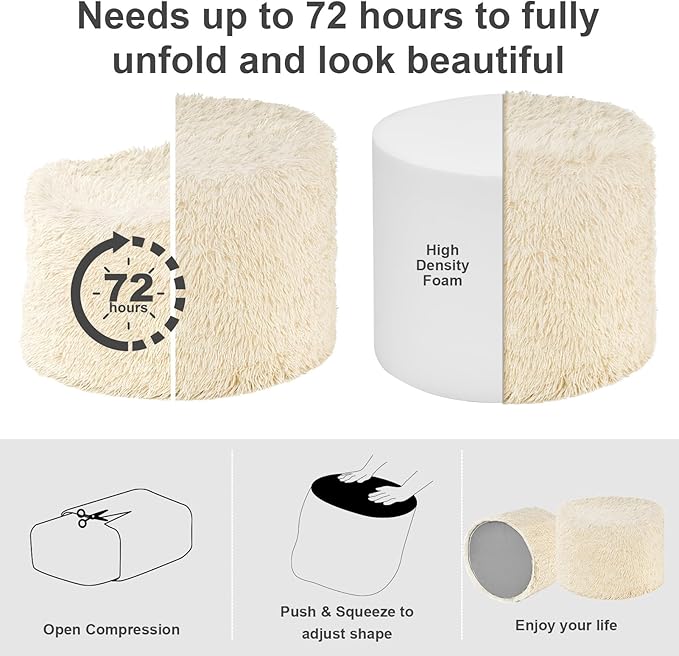 Hansleep Round Stuffed Pouf Ottoman 17 x 14, Foam Filled Faux Fur Ottoman Foot Rest for Chair with Washable Cover, Foot Stools Under Desk for Living Room & Bedroom, Beige