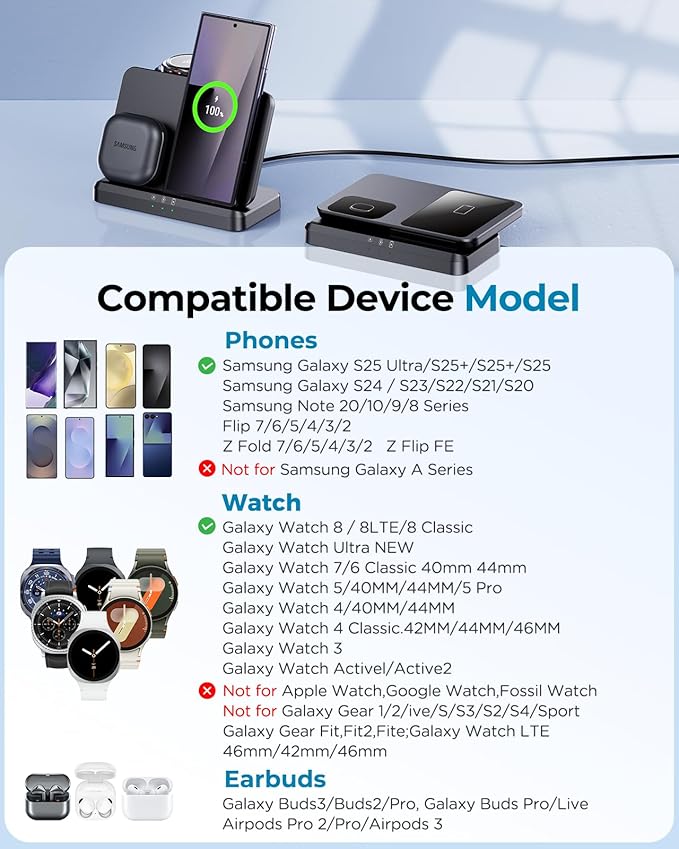 Wireless Charger for Samsung – 3 in 1 Wireless Charging Station for Galaxy S26 Ultra S25 S24, Z Fold Flip 7/6, Detachable Watch Charger for Galaxy Ultra 8/7/6, Foldable, Fast Charging, No Adapter