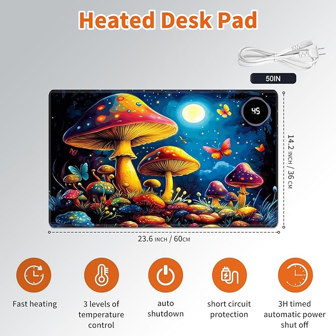 Heated Mouse Pad,Warm Desk Pad with 3 Levels Heating & 3 Hours Auto Shut-Off, PU Leather Heated Desk Pad Warmer Pad for Home Office - 23.6 x 14.2 inch,Beautiful Mushrooms