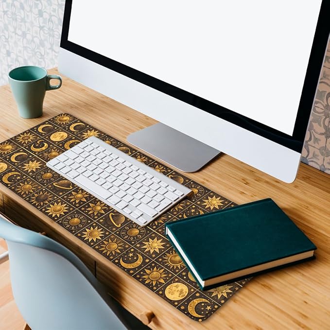 Boho Celestial Gaming Mouse Pad Sun Moon Star Vintage Astrology Mousepad Extended Large Laptop Keyboard Non-Slip Rubber Base with Stitched Edges 31.5x11.8 Inch