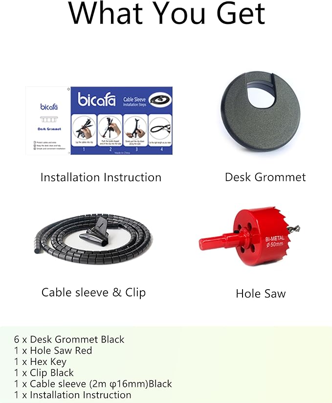 6 Pack Desk Grommet 2 Inch (50 mm) Bi-Metal Hole Saw Kit with Cord Wrap Coiled Tube Management,2 m Cable Sleeve Organizer with Table Hole Cover