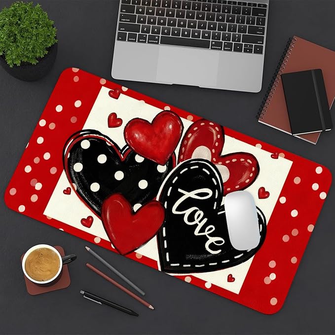 Valentine‘s Day Mouse Pad PU Leather Red Peach Heart Desk Mat Large Waterproof Gaming Pad Non-Slip Keyboard Mouse Pad Writing Pad for Gamer Office&Home