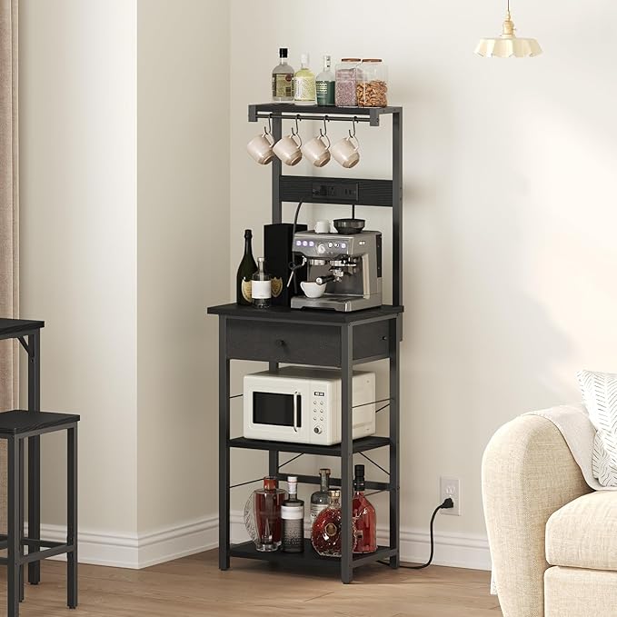 MAHANCRIS Bakers Rack with Drawer, Microwave Stand with Power Outlet, Coffee Bar Station with 4 Hooks, Kitchen Storage Shelf Rack 4 Tiers, for Kitchen, Dining Room, Black BRBK48E01