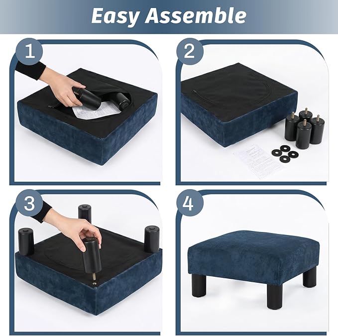 Joveco Small Foot Rest Stool Ottoman, 15" Fabric Square Short Low Footstool Upholstered Footrest for Chair, Under Office Desk, Living Room, Navy Blue