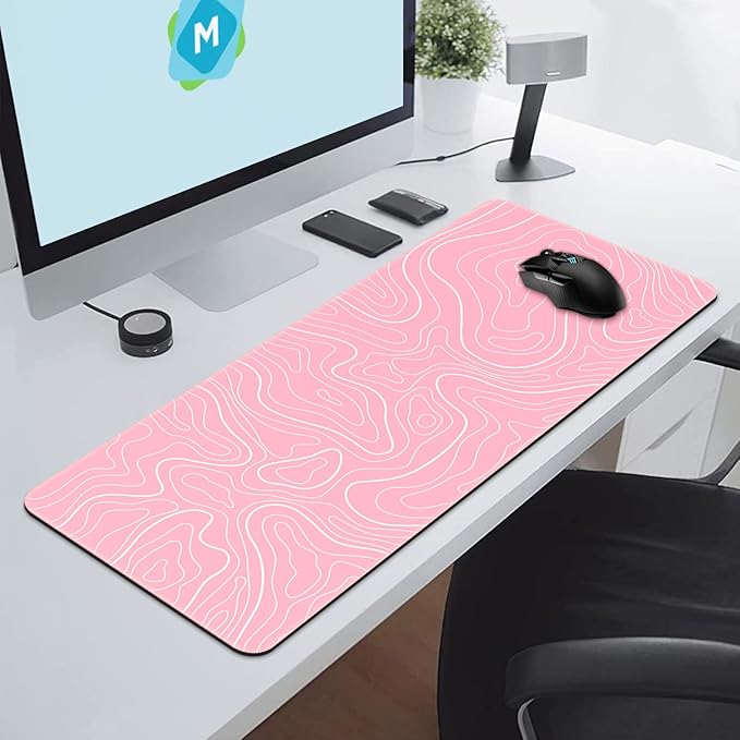 DIGSOM Gaming Mouse Pad 31.5 x 11.8in Large Mouse Pad with Anti-Slip Rubber Base（Pink with White Topographic Line）