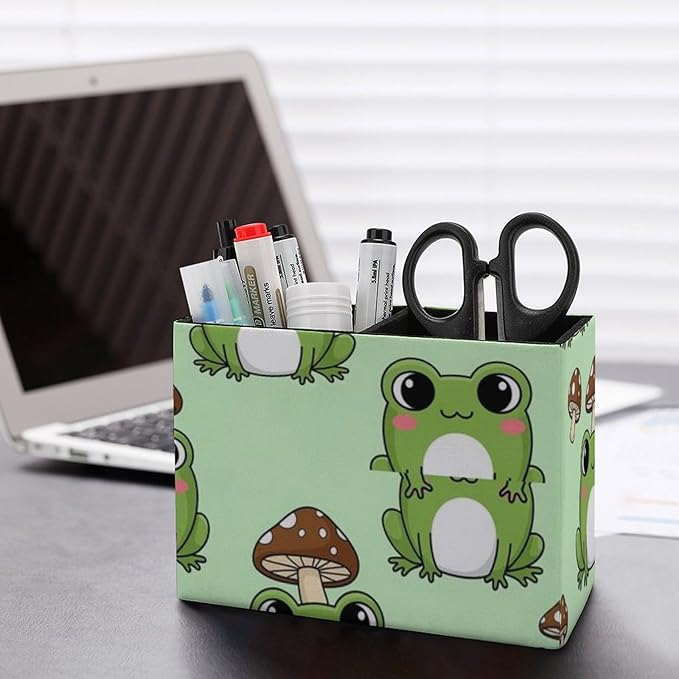 Square Pen Holder with Anti-Slip Bottom Cute Green Frog Mushroom, Practical and Chic Desk Organizer