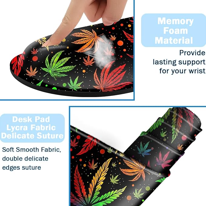 Ergonomic Mouse Pad Set with Wrist Support for Keyboard and Wrist Rest for Mouse, Memory Foam Comfort, Non-Slip Large Desk Mat for Home Office Pain Relief,Psychedelic Weed Leaf