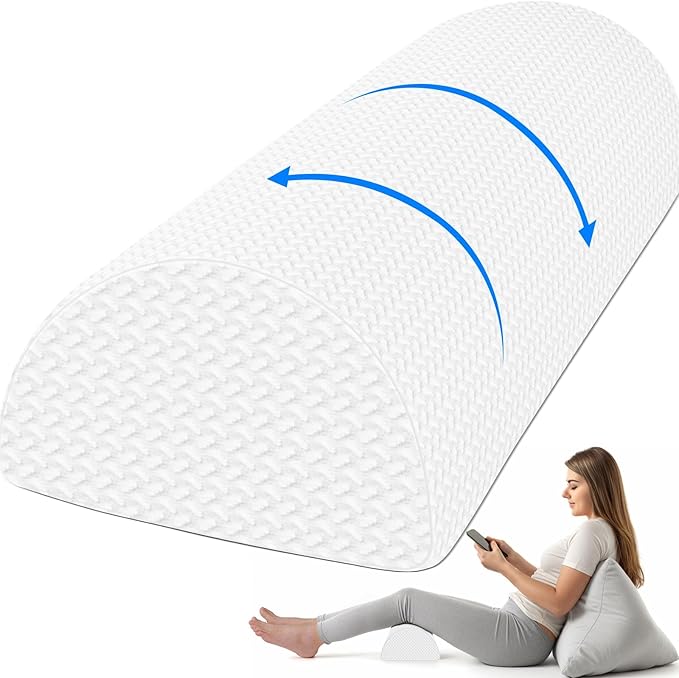 TranquilRelax Knee Pillow for Back Sleeping Memory Foam Half Moon Bolster Pillow for Legs, Under Knee Support, Ankle & Foot Comfort Orthopedic Pillow for Side Sleepers (White, 22" x 8.7" x 5.3")